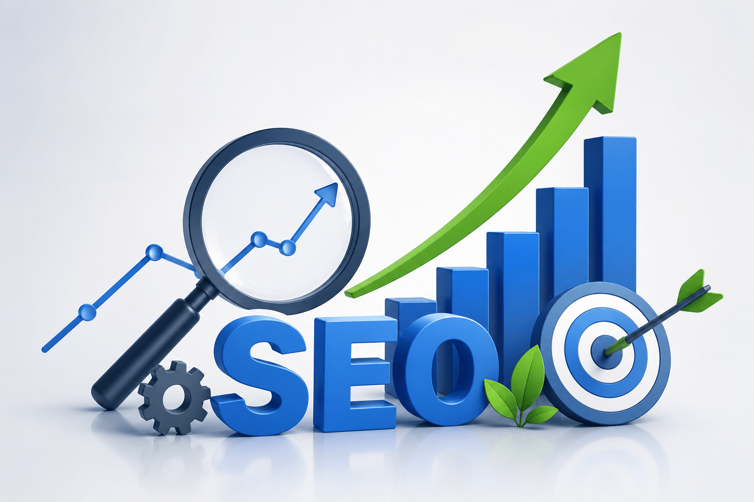 SEO services illustration with search optimization, analytics graph, target icon, magnifying glass, and growth chart representing Search Engine Optimization by Xtrim Digitech in Indore.