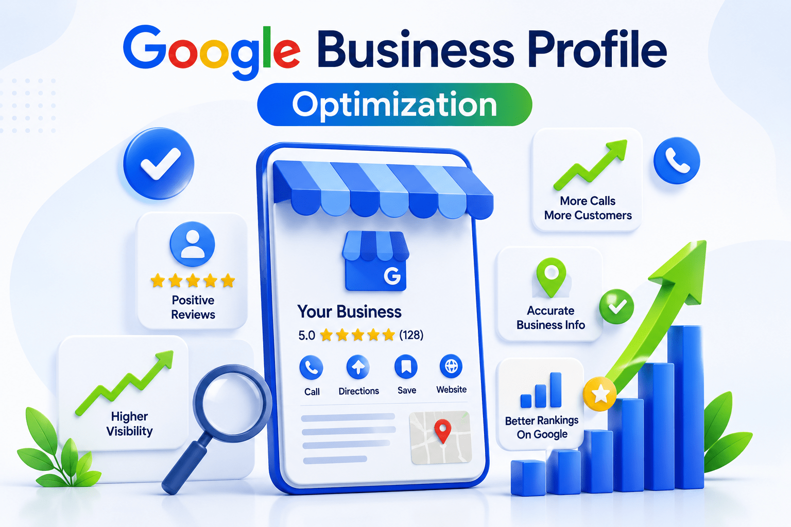Google Business Profile Optimization illustration showing improved Google Maps rankings, positive customer reviews, higher visibility, accurate business information, and increased customer calls by Xtrim Digitech in Indore.