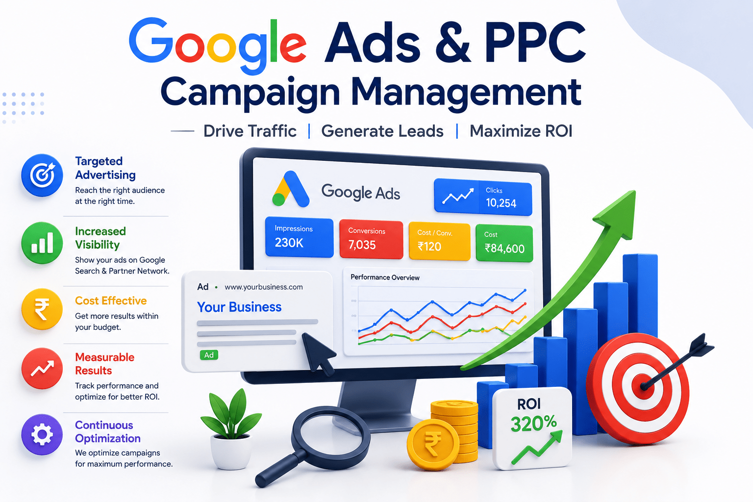 Google Ads and PPC campaign management dashboard showing performance metrics, ROI growth, lead generation, and digital advertising services by Xtrim Digitech in Indore.