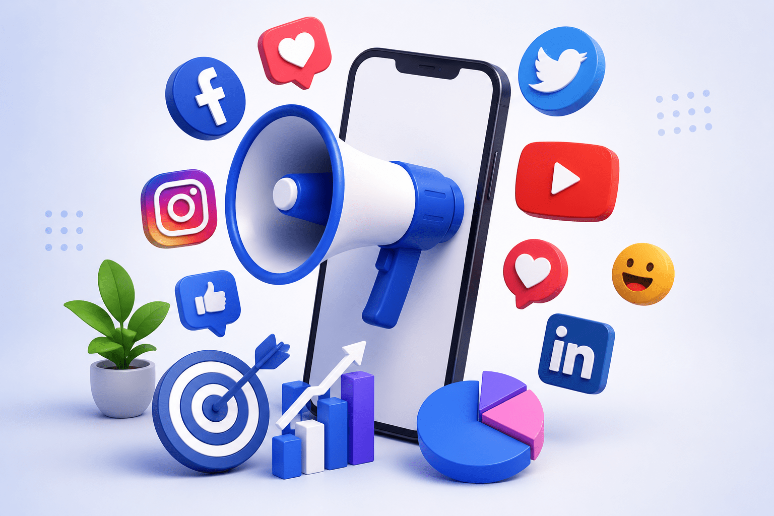 Digital marketing services illustration with smartphone, social media icons, SEO growth chart, and megaphone representing Xtrim Digitech, a digital marketing company in Indore.
