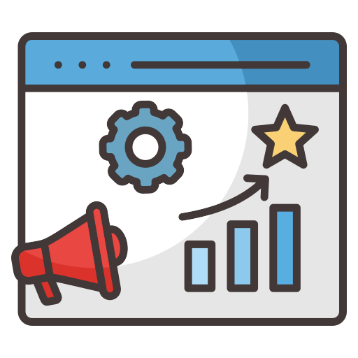 Digital marketing dashboard icon with megaphone, analytics chart, optimization settings, and growth graph representing online marketing and SEO services by Xtrim Digitech.