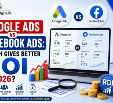 Google Ads vs Facebook Ads infographic comparing advertising performance, including clicks, conversions, cost per click, cost per conversion, ROI, targeting, audience reach, leads, and sales in 2026.