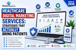 Healthcare digital marketing services infographic showing strategies to attract more patients through website SEO, Google Ads, social media, content marketing, and email marketing.