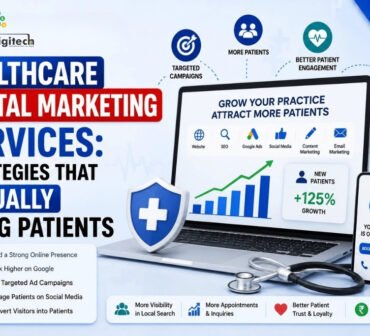 Healthcare digital marketing services infographic showing strategies to attract more patients through website SEO, Google Ads, social media, content marketing, and email marketing.