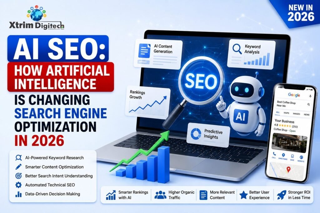 AI SEO infographic explaining how artificial intelligence is changing search engine optimization in 2026, featuring AI-powered keyword research, content optimization, search intent analysis, technical SEO, and data-driven decision-making.