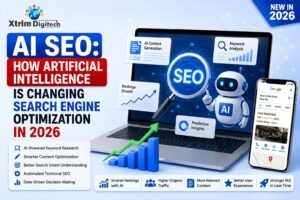 AI SEO infographic explaining how artificial intelligence is changing search engine optimization in 2026, featuring AI-powered keyword research, content optimization, search intent analysis, technical SEO, and data-driven decision-making.