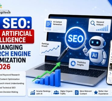 AI SEO infographic explaining how artificial intelligence is changing search engine optimization in 2026, featuring AI-powered keyword research, content optimization, search intent analysis, technical SEO, and data-driven decision-making.
