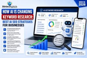 AI-powered keyword research infographic showing AI SEO strategies for businesses, including keyword discovery, search intent analysis, competitor gap analysis, long-tail keyword suggestions, content optimization, and data-driven SEO insights.