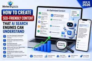 AI-optimized content infographic explaining how to create SEO-friendly content that AI search engines can understand, with clear headings, relevant answers, natural keyword usage, structured content, entities, context, and up-to-date information.
