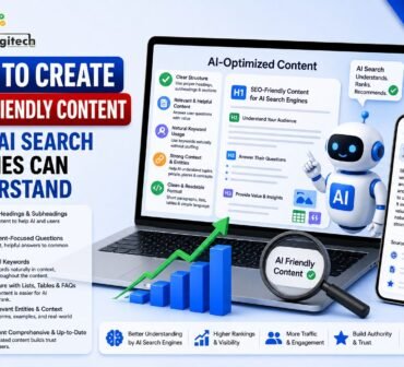 AI-optimized content infographic explaining how to create SEO-friendly content that AI search engines can understand, with clear headings, relevant answers, natural keyword usage, structured content, entities, context, and up-to-date information.