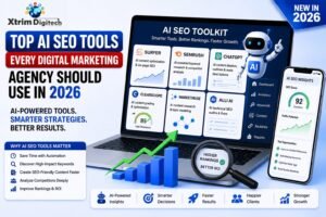 AI SEO toolkit infographic showing top AI-powered SEO tools for digital marketing agencies in 2026, including content optimization, keyword research, competitor analysis, content grading, topic modeling, and technical SEO.