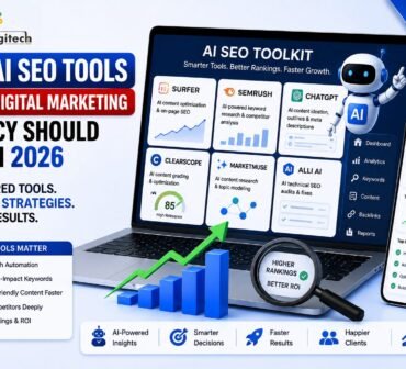 AI SEO toolkit infographic showing top AI-powered SEO tools for digital marketing agencies in 2026, including content optimization, keyword research, competitor analysis, content grading, topic modeling, and technical SEO.